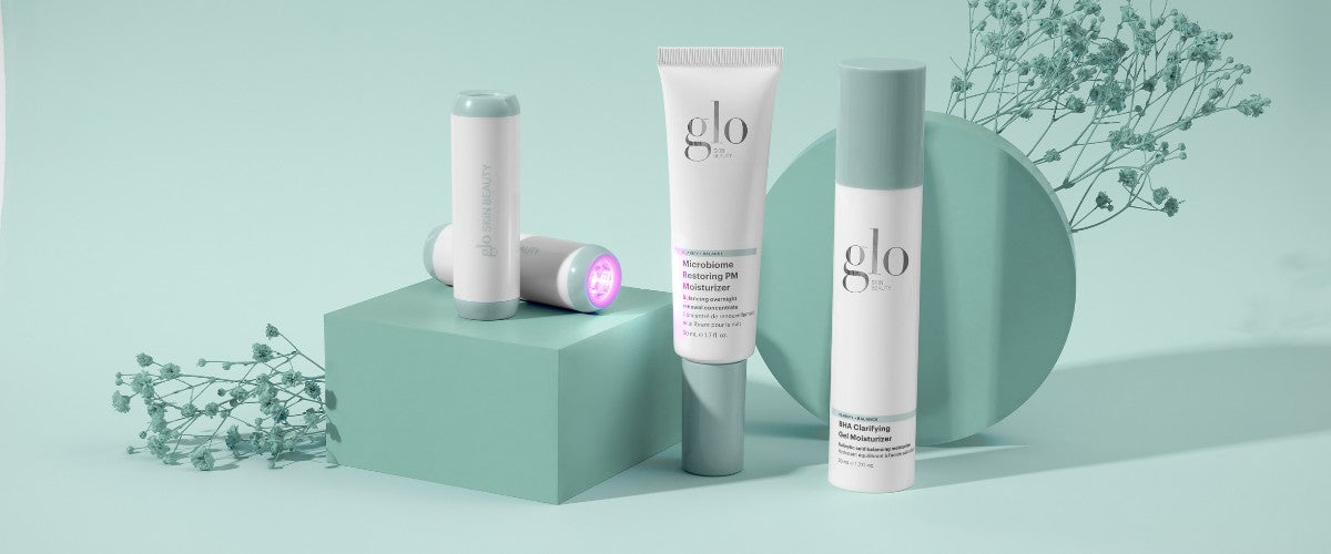 glo skin beauty LED devices with Microbiome Restoring PM Moisturizer and BHA Clarifying Gel Moisturizer