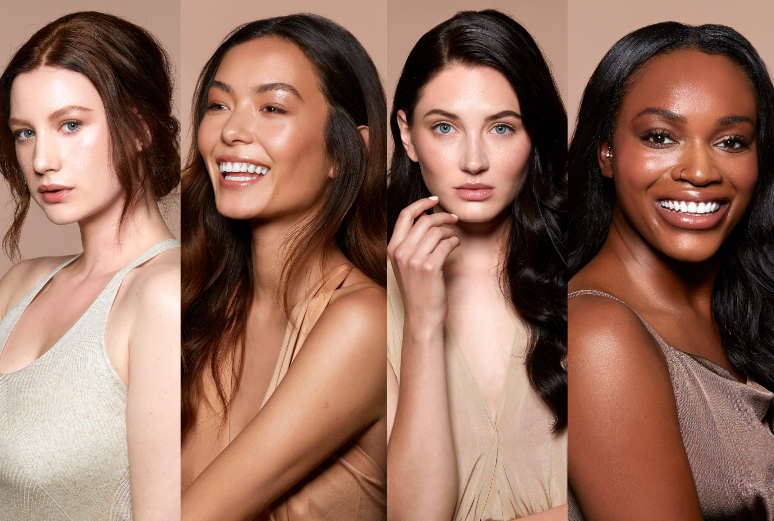 Four brides with varied skin tones wearing natural, glowy wedding makeup against a warm beige background.