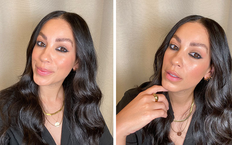 Two side-by-side selfies of a woman with long dark wavy hair, neutral makeup, wearing layered gold necklaces and a black top.