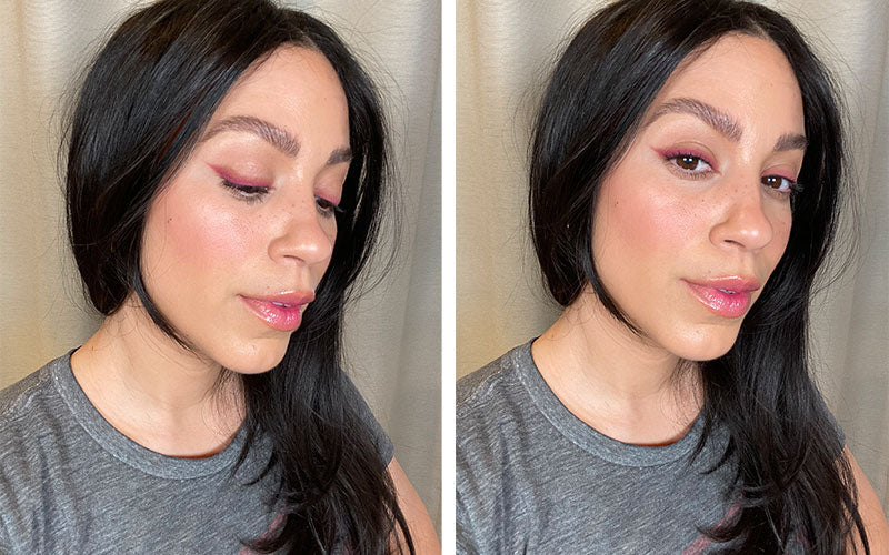Two photos: woman with long dark hair, pink winged eyeliner and glossy pink lips; left looking down, right facing camera.