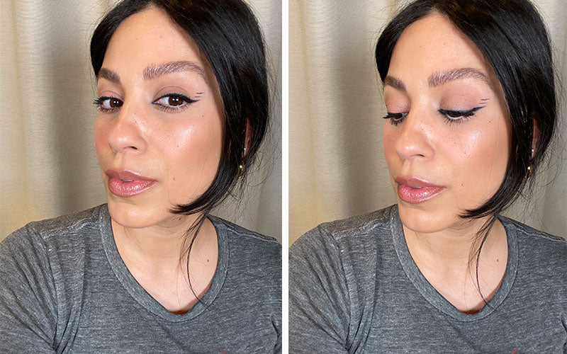 Two side-by-side close-ups of a woman with winged eyeliner, glossy lips, low bun, wearing a gray T-shirt.