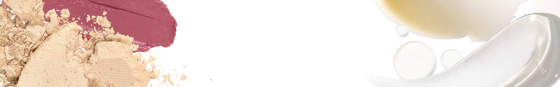 Scattered beige face powder and mauve lipstick smear at left, translucent serum droplets and cream texture at right on white background