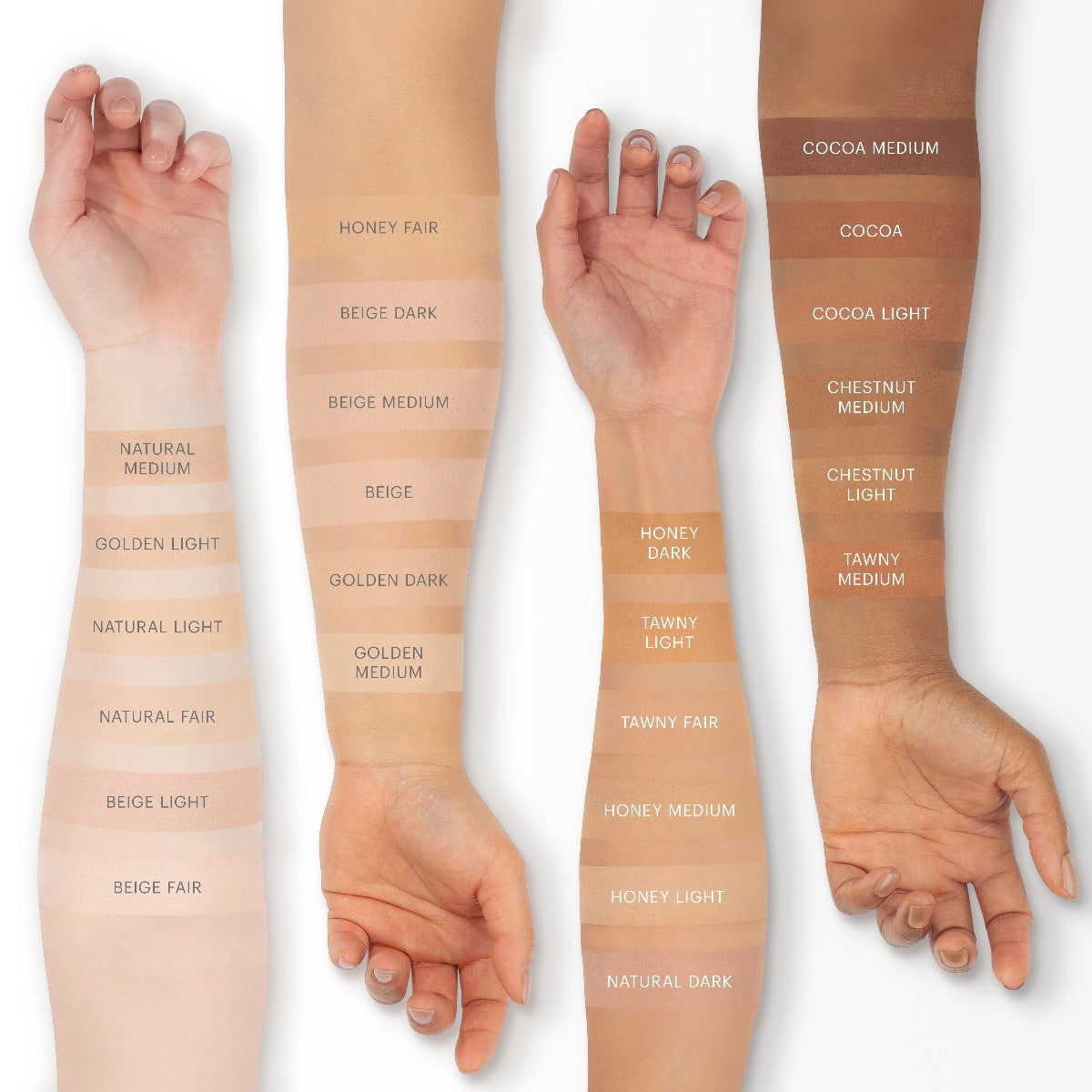 Four forearms with shade labels: NATURAL MEDIUM, GOLDEN LIGHT, NATURAL LIGHT, NATURAL FAIR, BEIGE LIGHT, BEIGE FAIR, HONEY FAIR, BEIGE DARK, BEIGE MEDIUM, BEIGE, GOLDEN DARK, GOLDEN MEDIUM, HONEY DARK, TAWNY LIGHT, TAWNY FAIR, HONEY MEDIUM, HONEY LIGHT, NATURAL DARK, COCOA MEDIUM, COCOA, COCOA LIGHT, CHESTNUT MEDIUM, CHESTNUT LIGHT, TAWNY MEDIUM