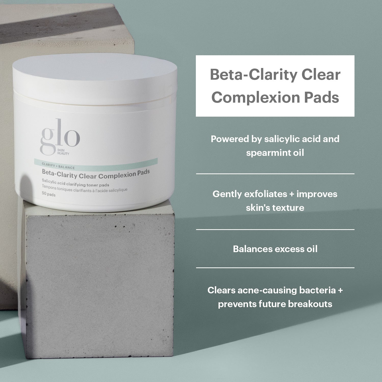 Glo Skin Beauty Beta‑Clarity Clear Complexion Pads — white jar with mint accent; salicylic-acid exfoliating toner pads
