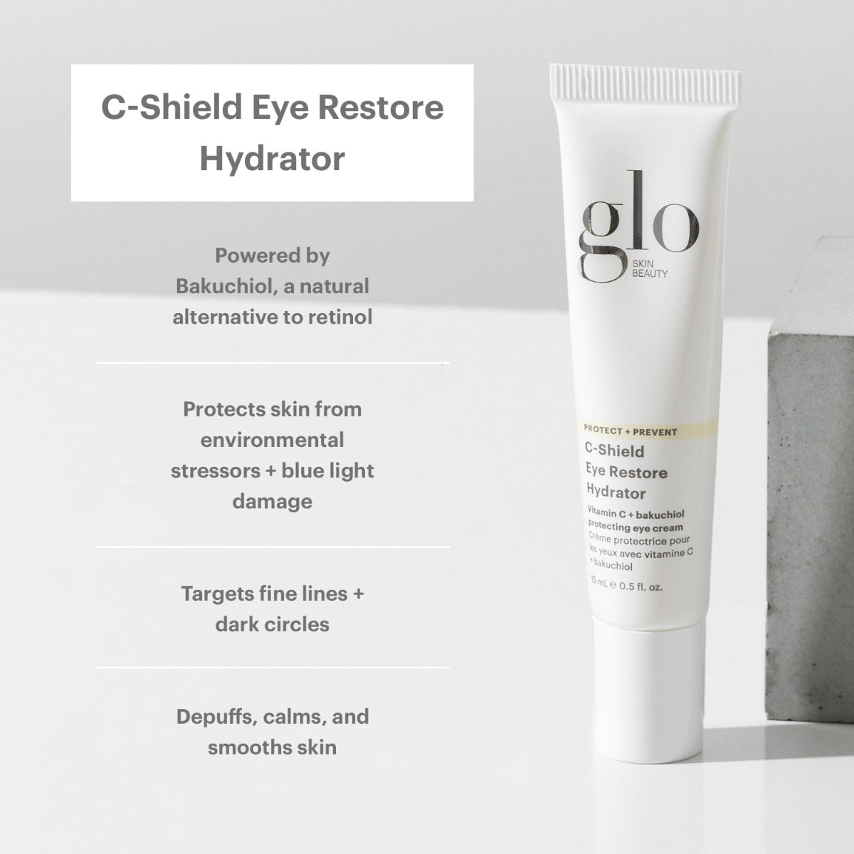 Glo Skin Beauty C-Shield Eye Restore Hydrator tube; features: protects from blue light, targets fine lines, depuffs and calms