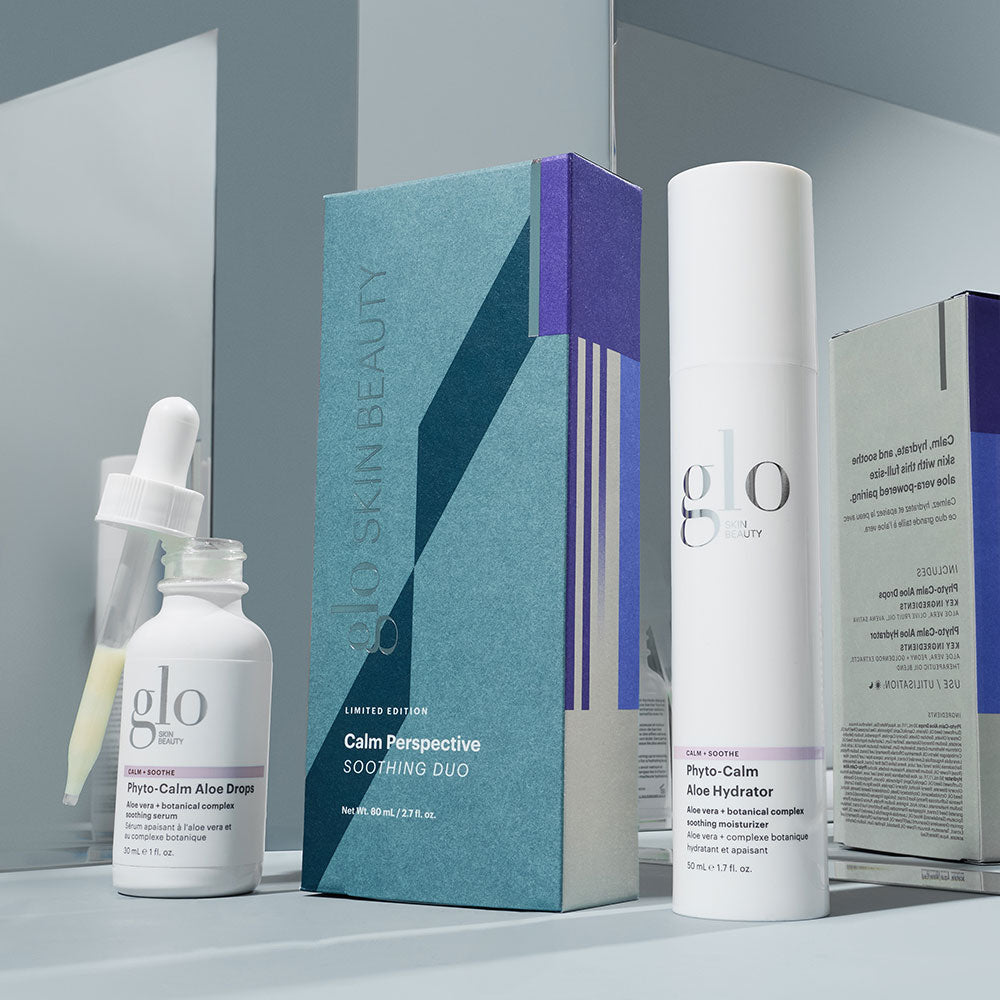 glo SKIN BEAUTY LIMITED EDITION Calm Perspective SOOTHING DUO box with Phyto-Calm Aloe Drops and Phyto-Calm Aloe Hydrator
