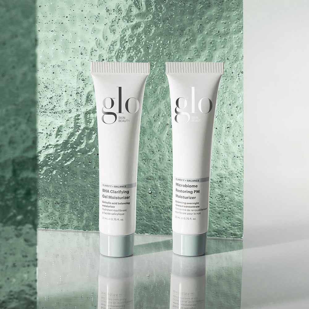 Two tubes: glo SKIN BEAUTY; CLARIFY + BALANCE; BHA Clarifying Gel Moisturizer; Microbiome Restoring PM Moisturizer