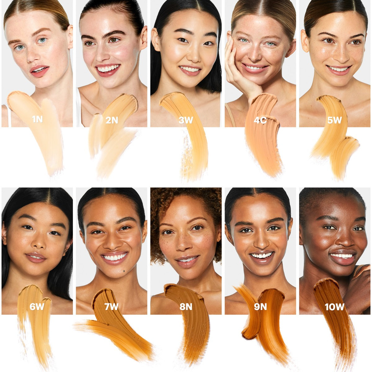 Ten models with foundation swatches labeled 1N 2N 3W 4C 5W 6W 7W 8N 9N 10W showing a full shade range.