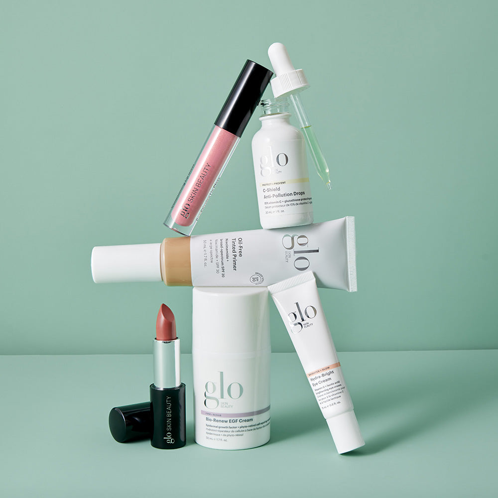 glo, glo SKIN BEAUTY, C-Shield Anti-Pollution Drops, Bio-Renew EGF Cream, Oil-Free Tinted Primer, Hydra-Bright Eye Cream