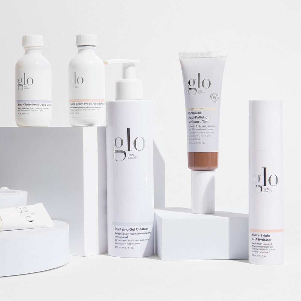glo Skin Beauty lineup: Purifying Gel Cleanser, C-Shield Anti-Pollution Moisture Tint, Hydra-Bright AHA Hydrator