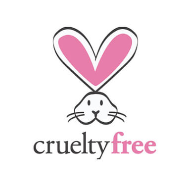 Cruelty Free logo with stylized rabbit face with pink heart-shaped ears above the words 'cruelty free'.