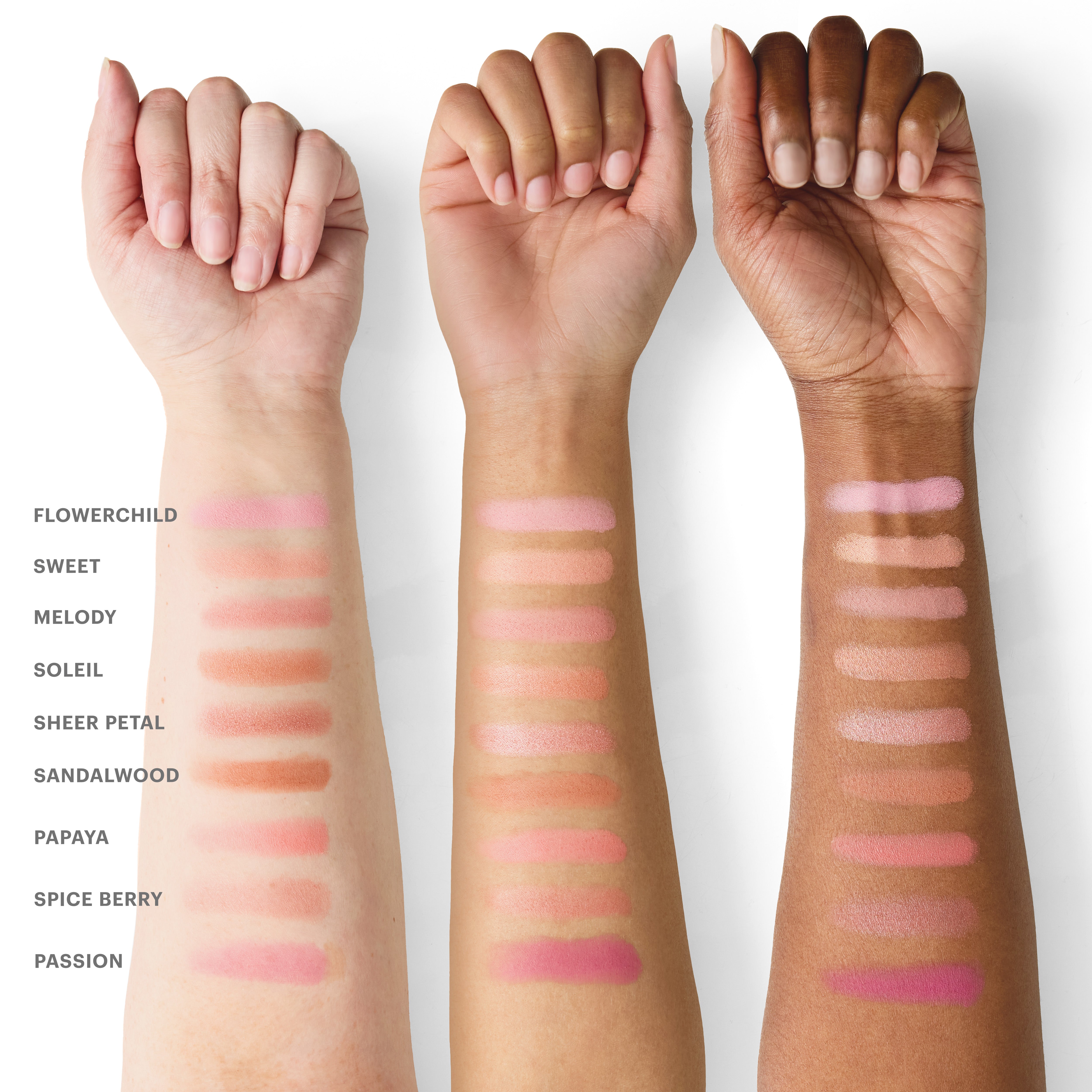 Three arms with nine swatches labeled FLOWERCHILD SWEET MELODY SOLEIL SHEER PETAL SANDALWOOD PAPAYA SPICE BERRY PASSION