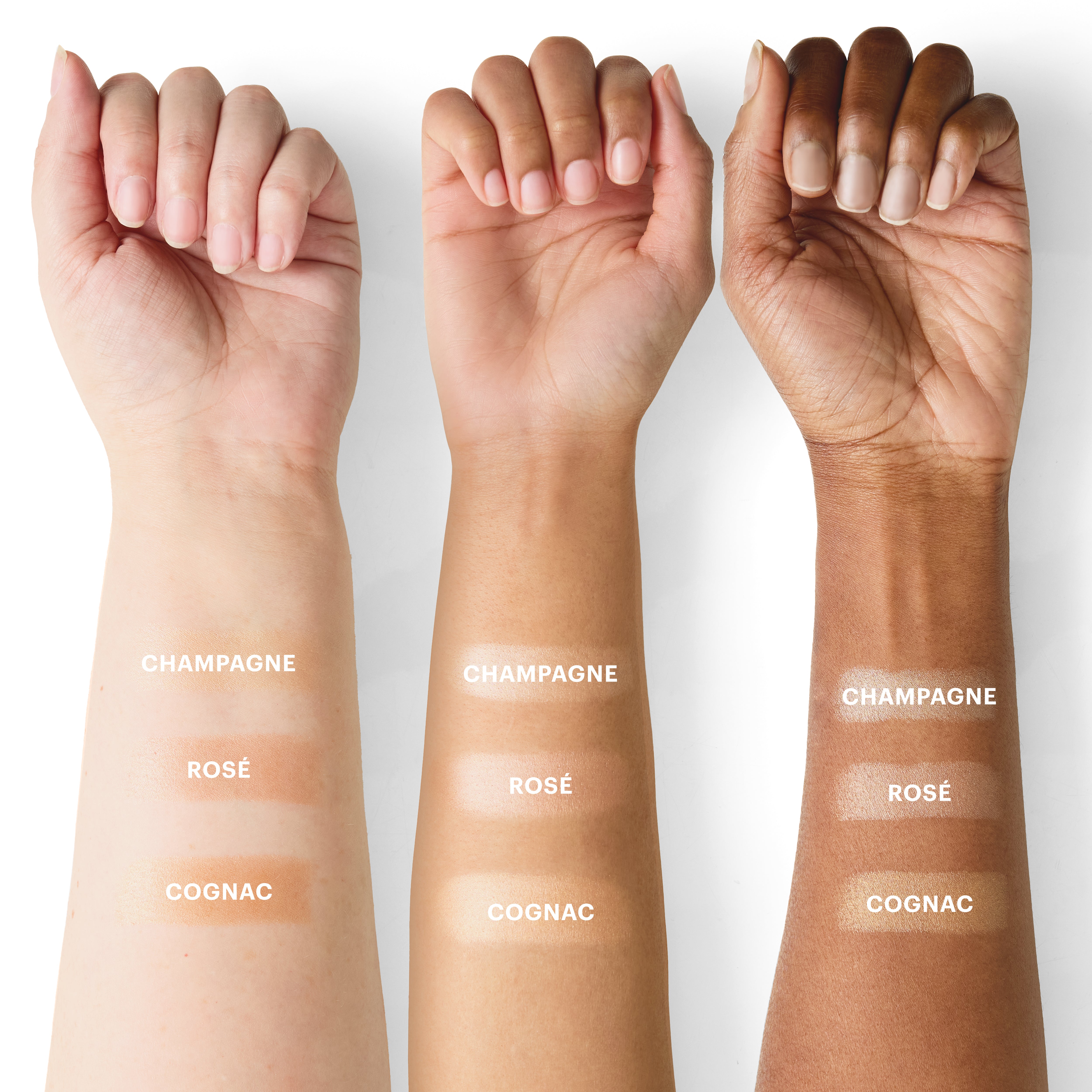 Three forearms showing swatches labeled CHAMPAGNE, ROSÉ, COGNAC on light, medium, and dark skin tones