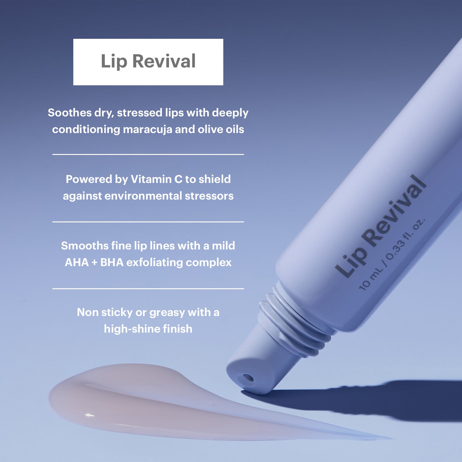 Lip Revival lip treatment tube with cream swatch and text describing moisturizing and smoothing benefits