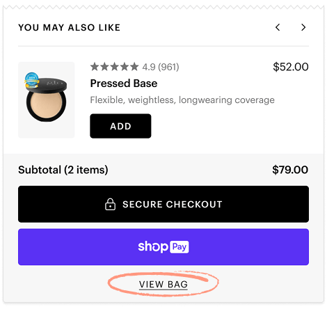 Pressed Base makeup compact with 4.9-star rating, price $52, and add button in shopping suggestion panel