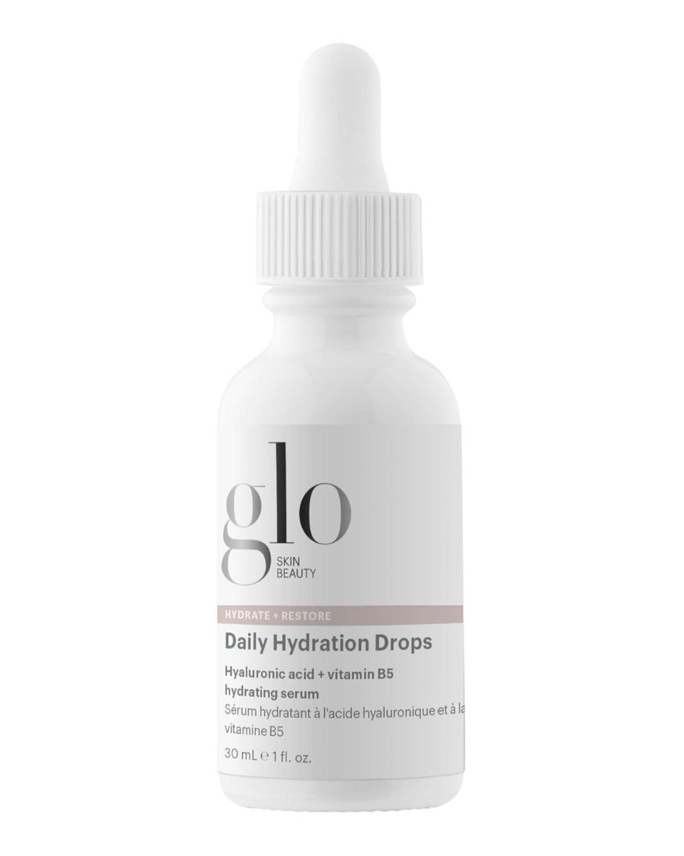 Glo Skin Beauty Daily Hydration Drops — white dropper bottle, hyaluronic acid + vitamin B5 hydrating serum