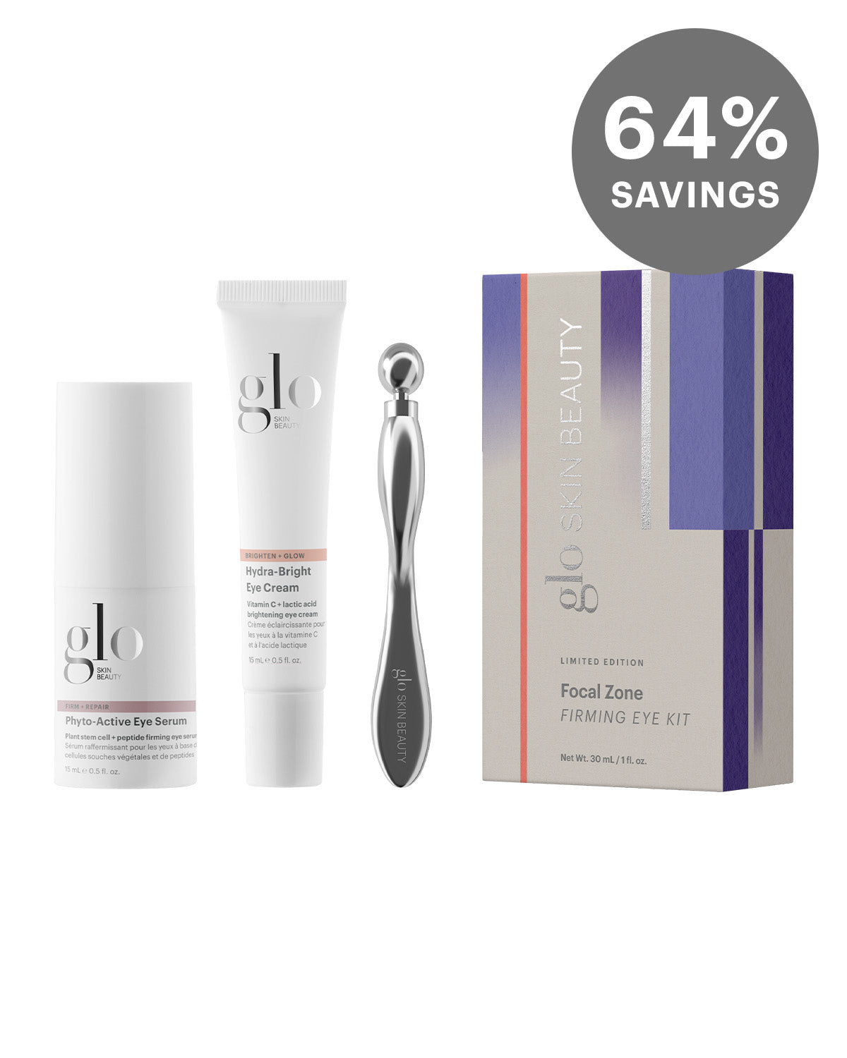 Glo Skin Beauty Focal Zone firming eye kit: phyto-active eye serum, hydra-bright eye cream, metal cooling applicator, boxed set