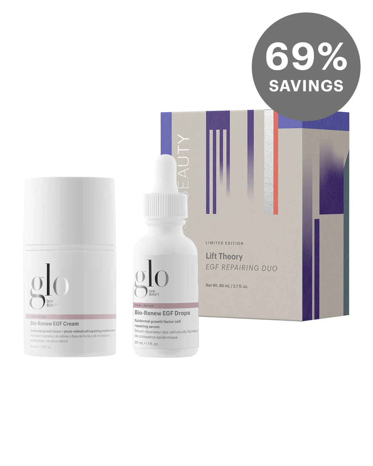 glo SKIN BEAUTY Bio-Renew EGF Cream; Bio-Renew EGF Drops; Lift Theory EGF REPAIRING DUO LIMITED EDITION; 69% SAVINGS