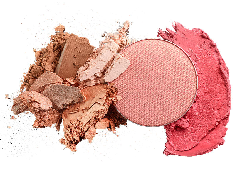 Crushed neutral and pink blush powders with a round pan of pressed pink blush