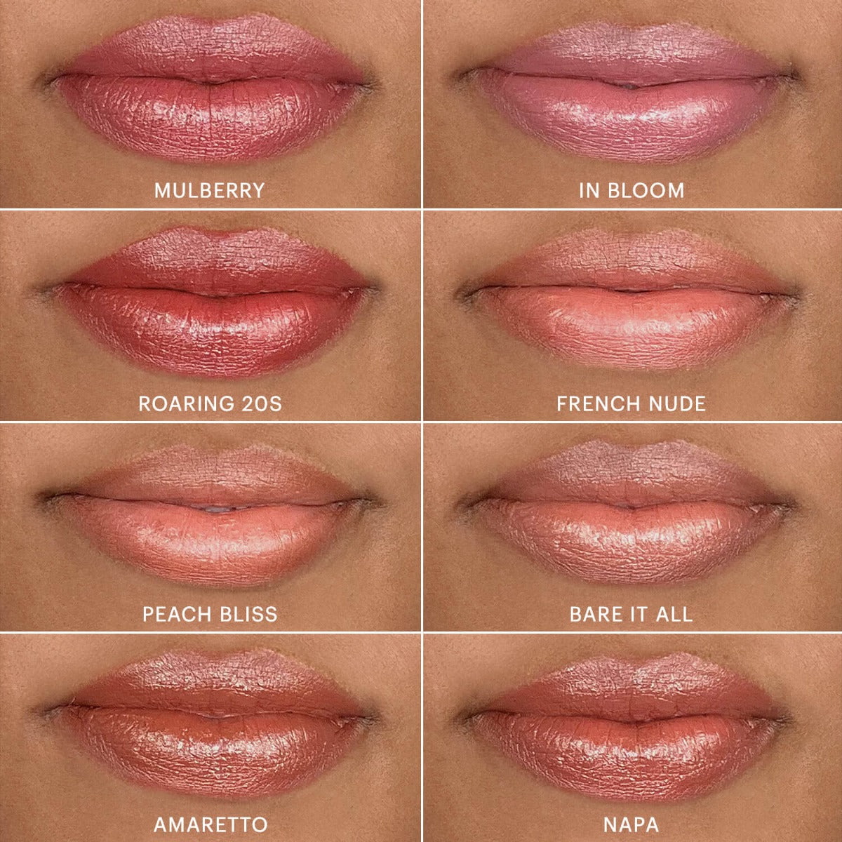 Two-column grid of lip swatches: MULBERRY, IN BLOOM, ROARING 20S, FRENCH NUDE, PEACH BLISS, BARE IT ALL, AMARETTO, NAPA