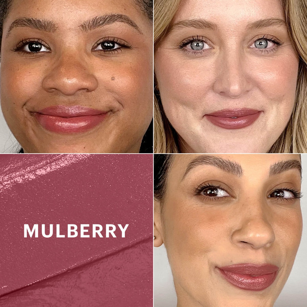 Three women wearing Mulberry satin lipstick shade with a close-up of the lipstick color and text MULBERRY