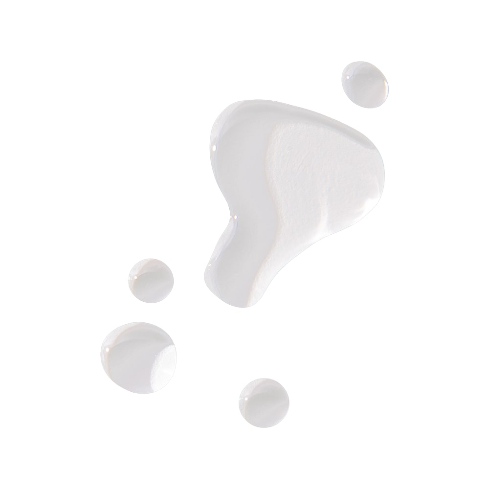 Transparent skincare serum droplets and one larger smear on white background