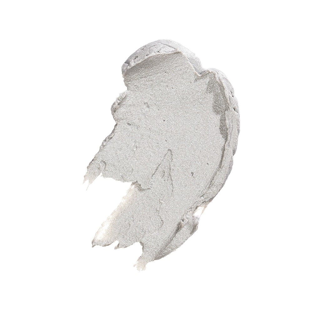 Silver metallic cream eyeshadow swatch with textured brush strokes on white background