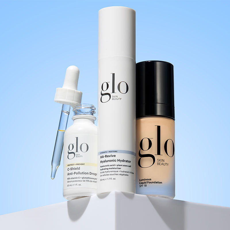 glo SKIN BEAUTY; C-Shield Anti-Pollution Drop; HA-Revive Hyaluronic Hydrator; Luminous Liquid Foundation SPF 18
