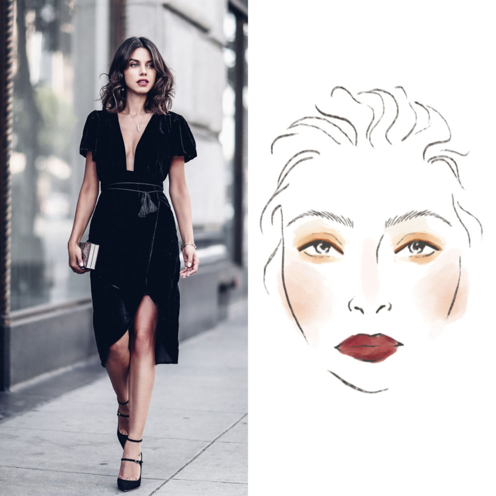 Woman in Black Dress with Accompanying Beauty Face Chart