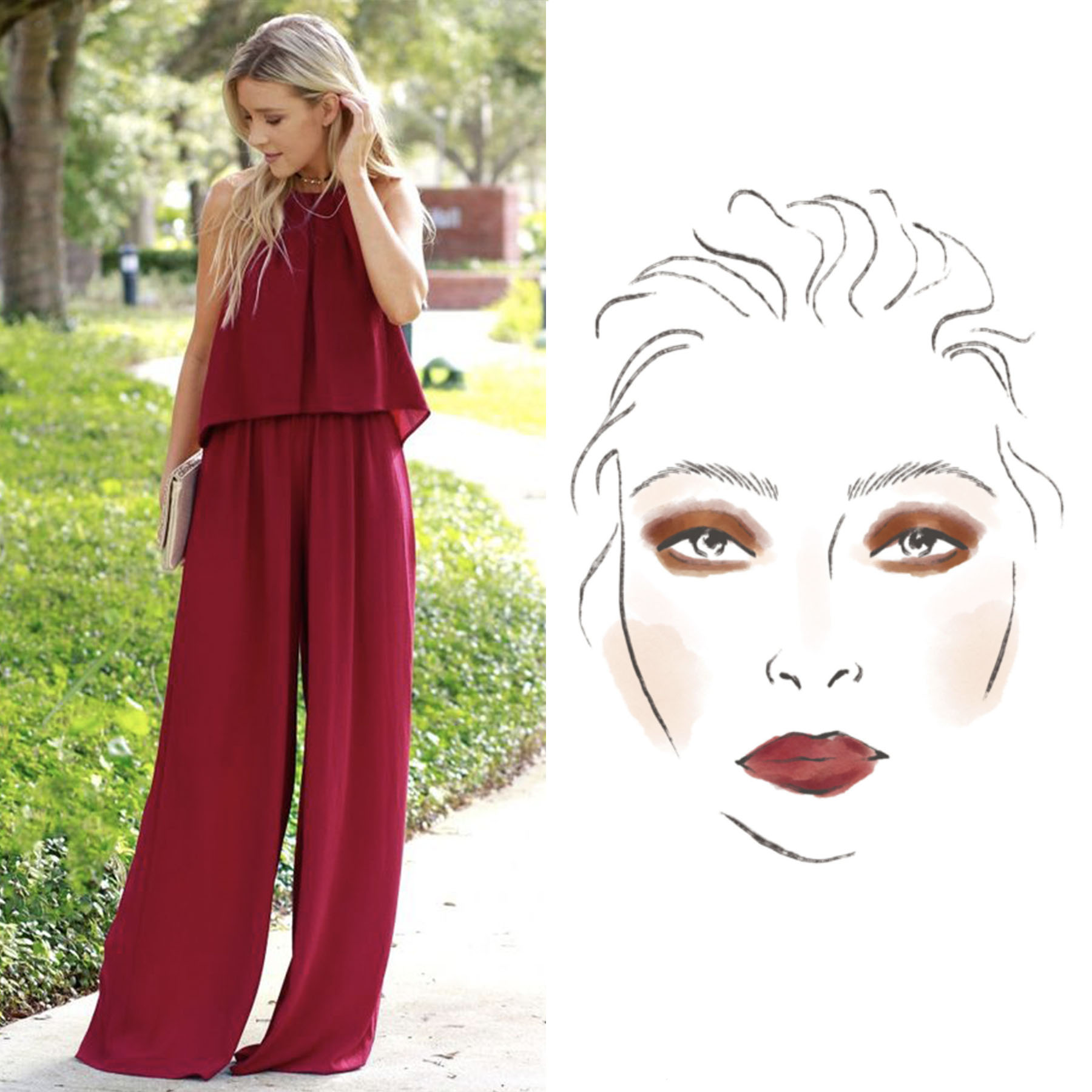 Woman in Burgundy Jumpsuit with Accompanying Beauty Face Chart