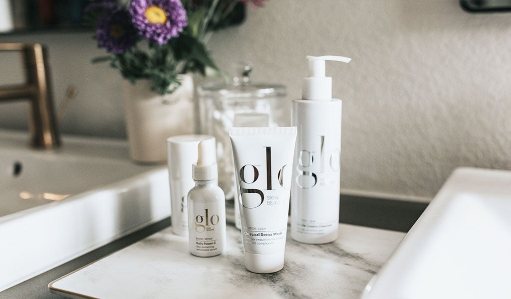 glo skin beauty products in bathroom