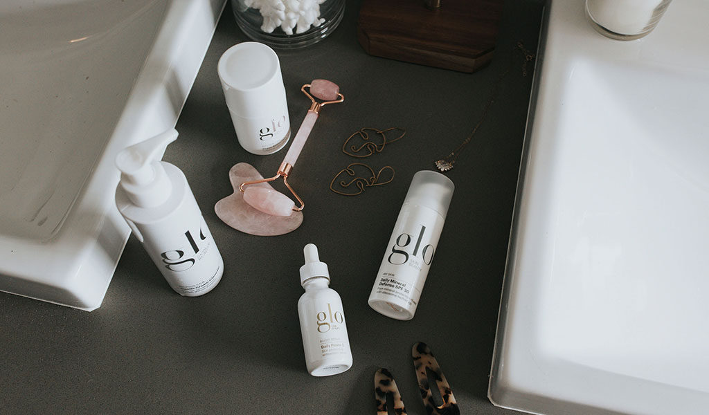 Wedding skin products on bathroom sink