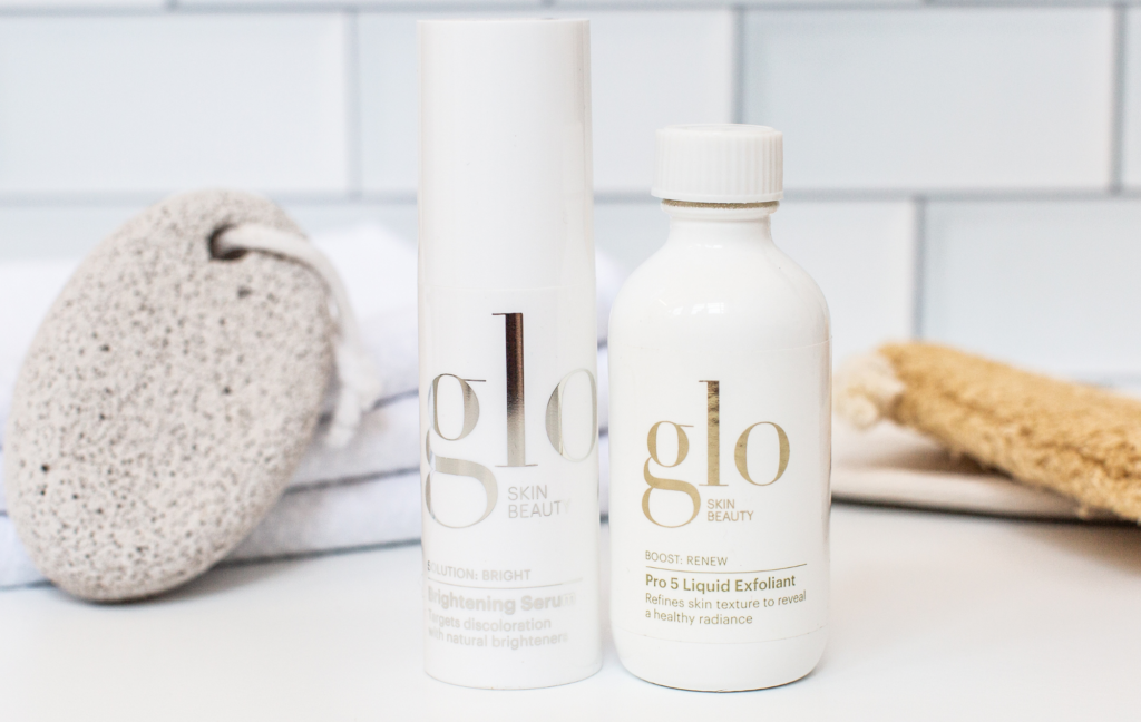 glo skin beauty products in bathroom