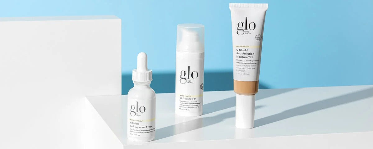 Three glo Skin Beauty products: C-Shield Anti-Pollution Drops; Oil Free SPF 40+; C-Shield Anti-Pollution Moisture Tint.