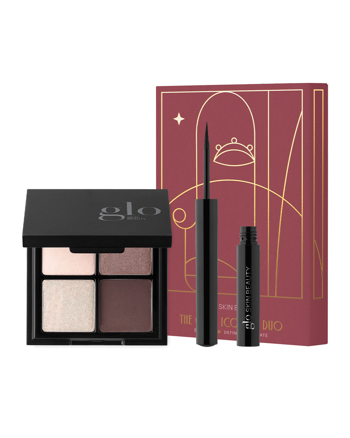 Front view of The Glam Icon Eye Duo with a four-shade palette, two black eye makeup tubes, and burgundy gift box