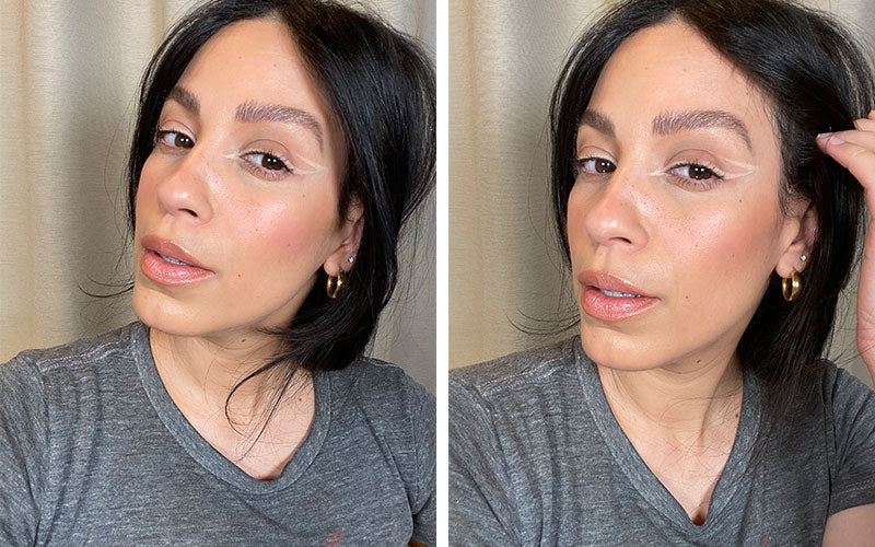 Dark-haired woman in gray T-shirt with white graphic winged eyeliner and gold hoop earring; two side-by-side selfies.