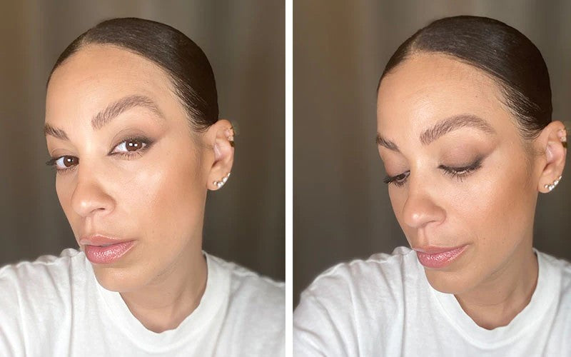 Diptych close-up of a woman with slicked-back hair and neutral smoky eye makeup; left frame faces camera, right frame looks down.