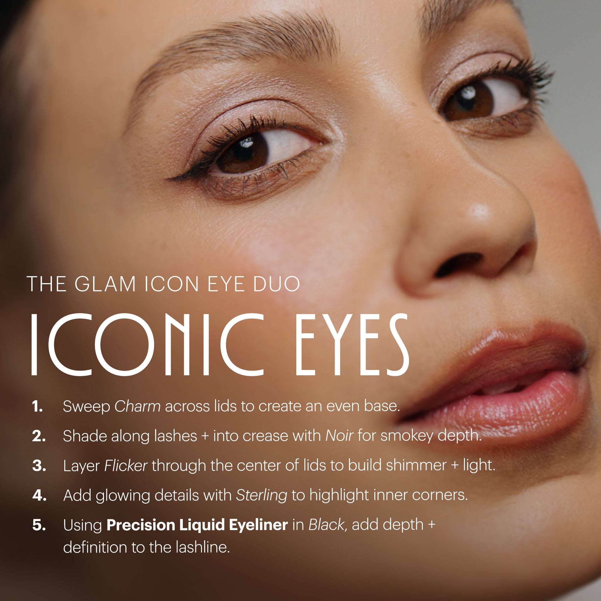 Eye makeup tutorial infographic showing five steps for creating iconic eyes with The Glam Icon Eye Duo