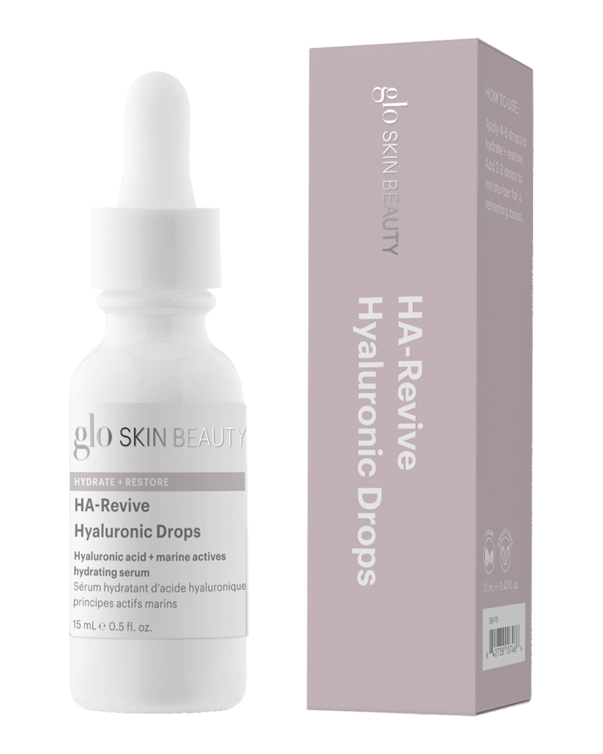 Front view of Glo Skin Beauty HA-Revive Hyaluronic Drops showcasing 15 mL dropper bottle and box on white background