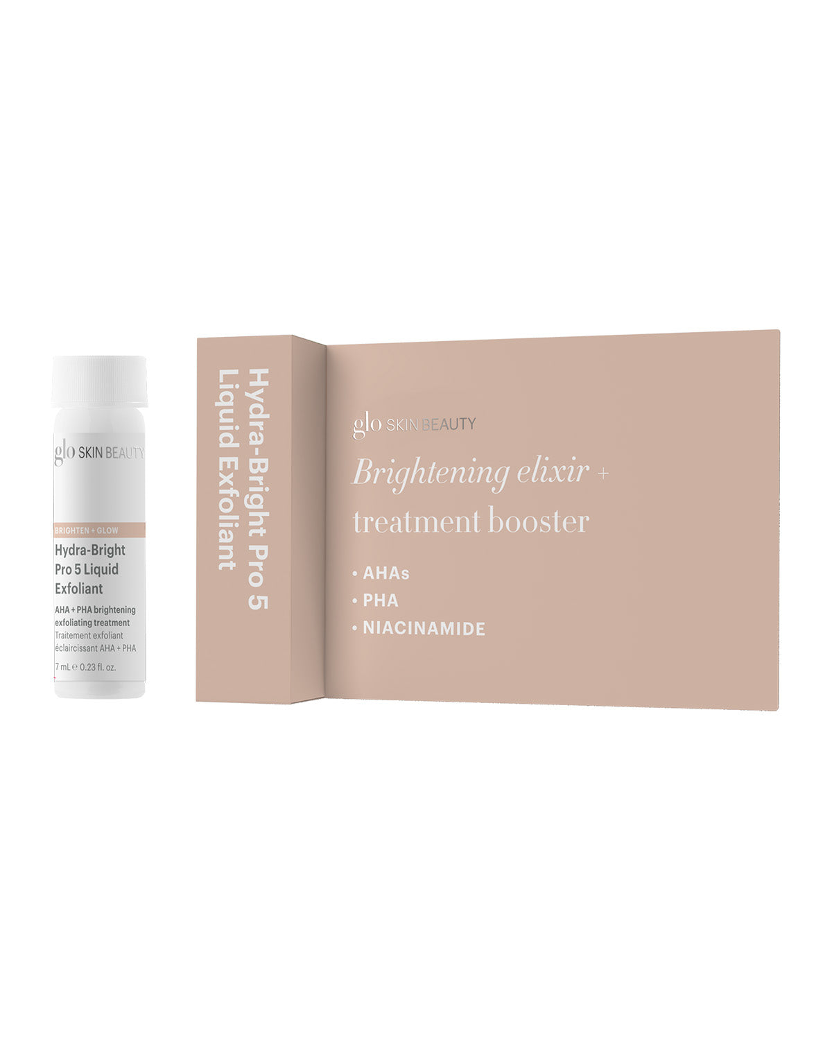 Front view of Hydra-Bright Pro 5 Liquid Exfoliant vial beside pink gift carton reading Brightening elixir + treatment booster and listing AHAs, PHA, niacinamide on white background