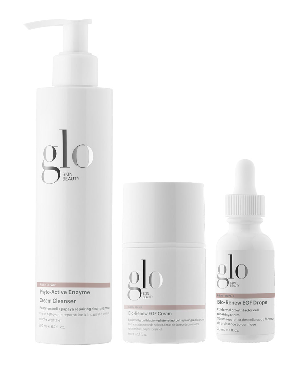 Three white Glo Skin Beauty products: Phyto-Active Enzyme Cream Cleanser; Bio-Renew EGF Cream; Bio-Renew EGF Drops.