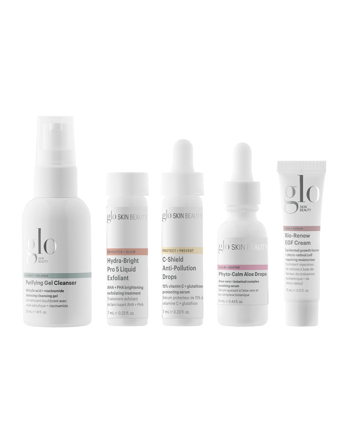 Front view of 5-piece skincare sampler kit showing cleanser, liquid exfoliant, two dropper serums, and EGF cream on white background