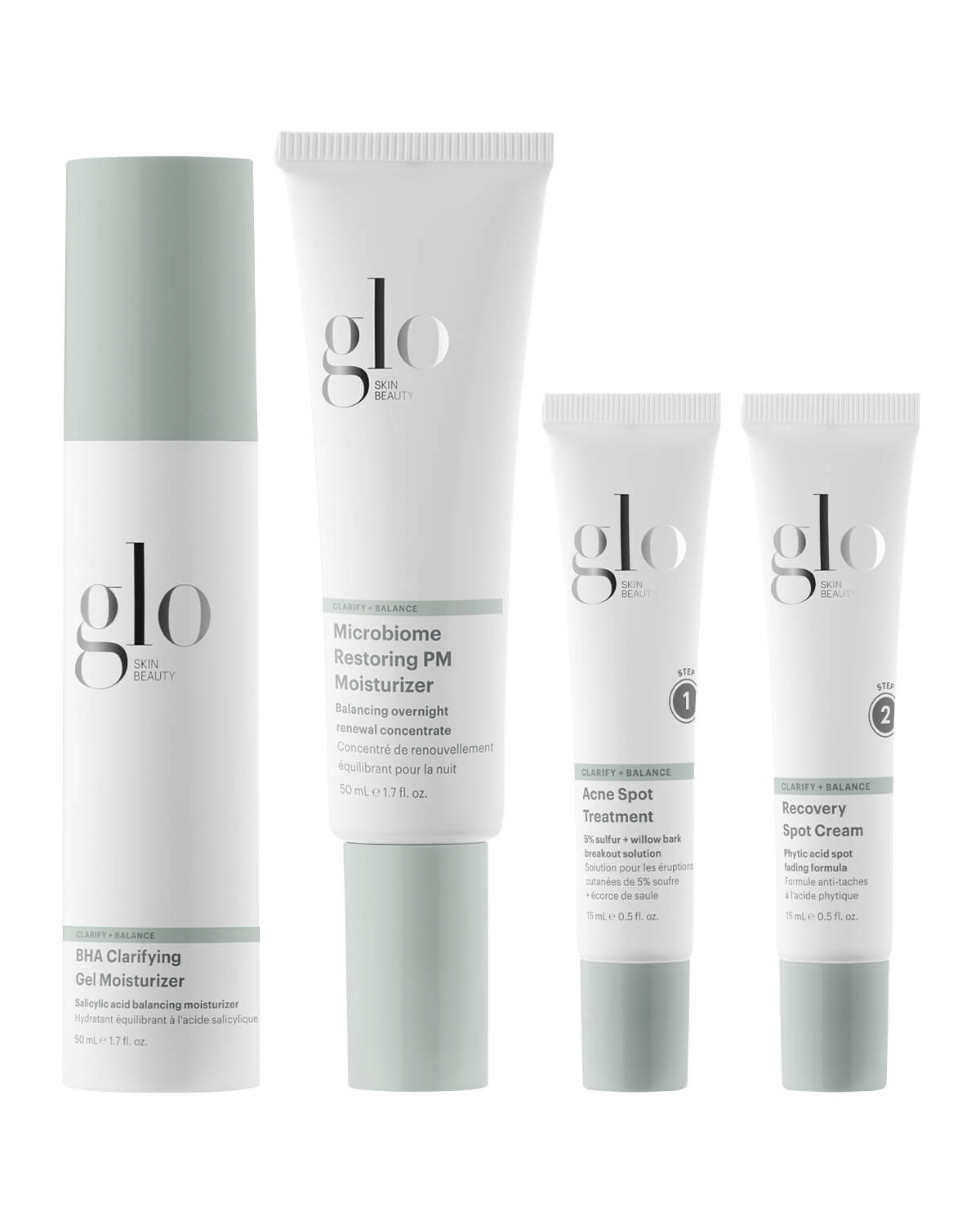 Glo Skin Beauty acne bundle: BHA Clarifying Gel Moisturizer; Microbiome Restoring PM Moisturizer; Acne Spot Treatment (Step 1); Recovery Spot Cream (Step 2)