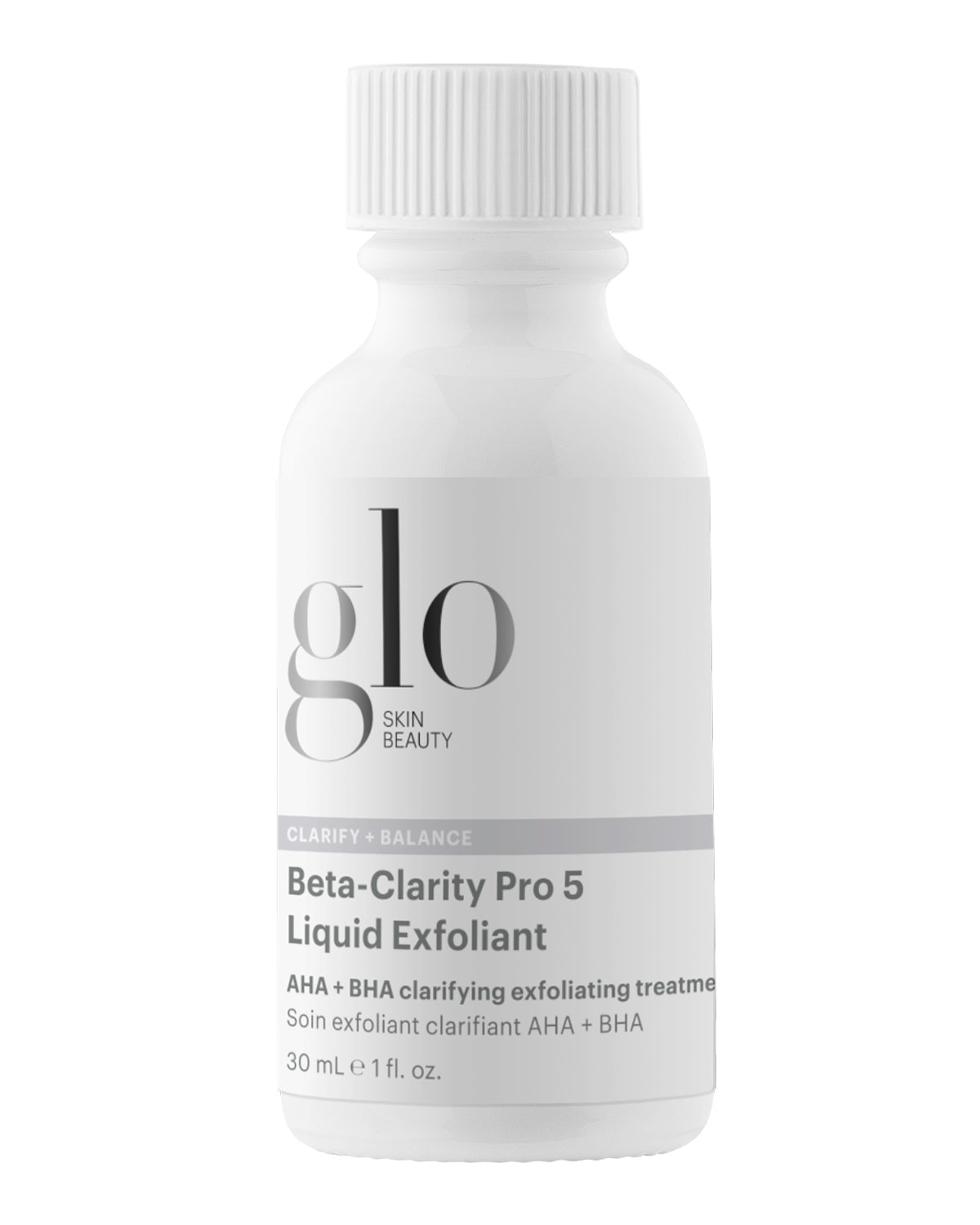 Front view of Beta-Clarity Pro 5 Liquid Exfoliant showcasing its 30 mL travel-size bottle labeled AHA and BHA on a white background