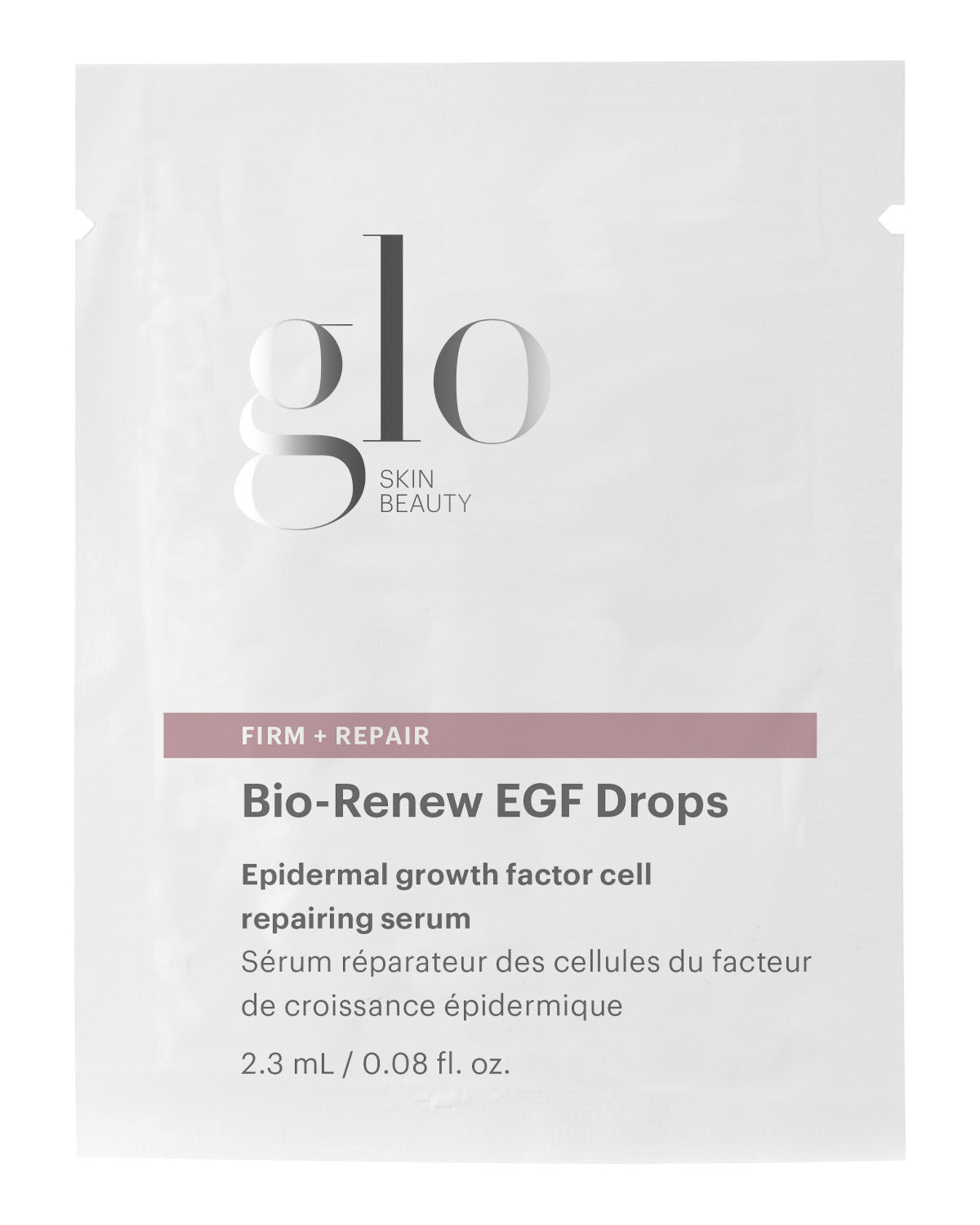 Front view of Bio-Renew EGF Drops sample sachet labeled Firm and Repair, 2.3 mL cell repairing serum