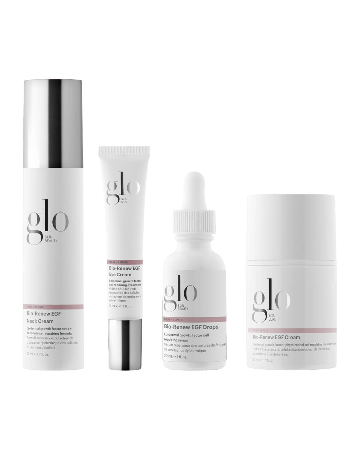 Four glo Skin Beauty Bio‑Renew EGF products: Neck Cream, Eye Cream, Drops, and Cream (white packaging)