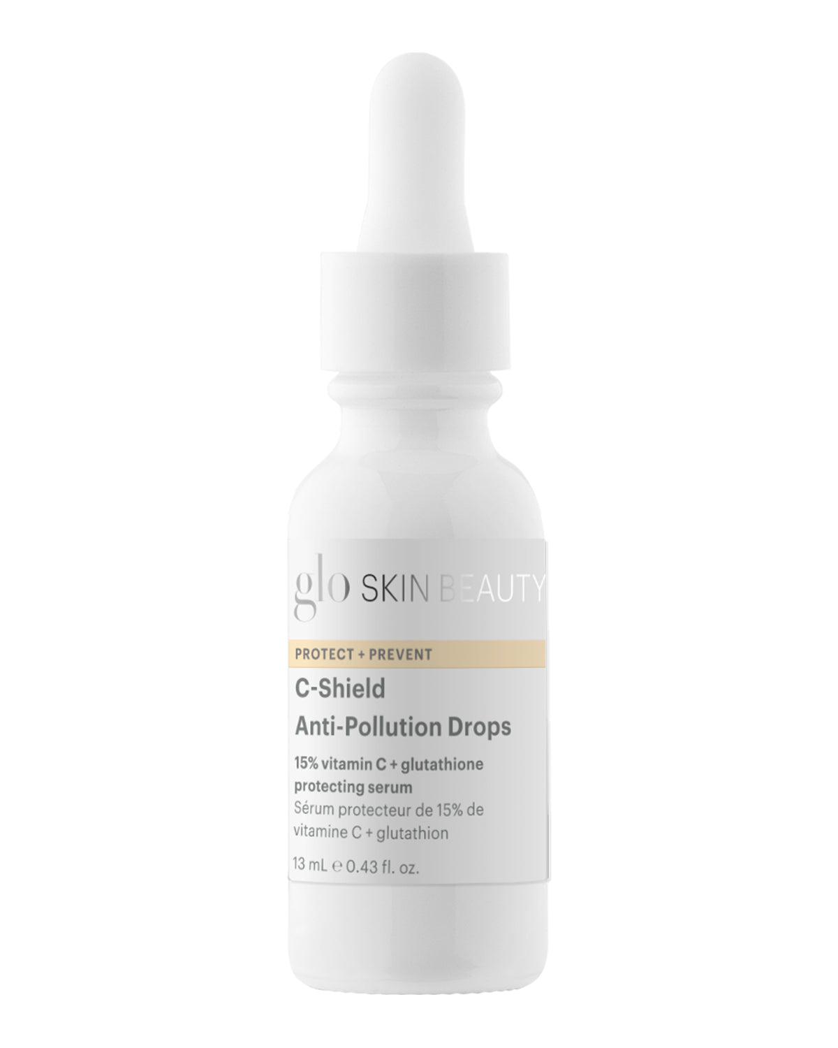 Front view of C-Shield Anti-Pollution Drops travel bottle showcasing dropper top and label reading 15 percent vitamin C plus glutathione and 13 mL on white background