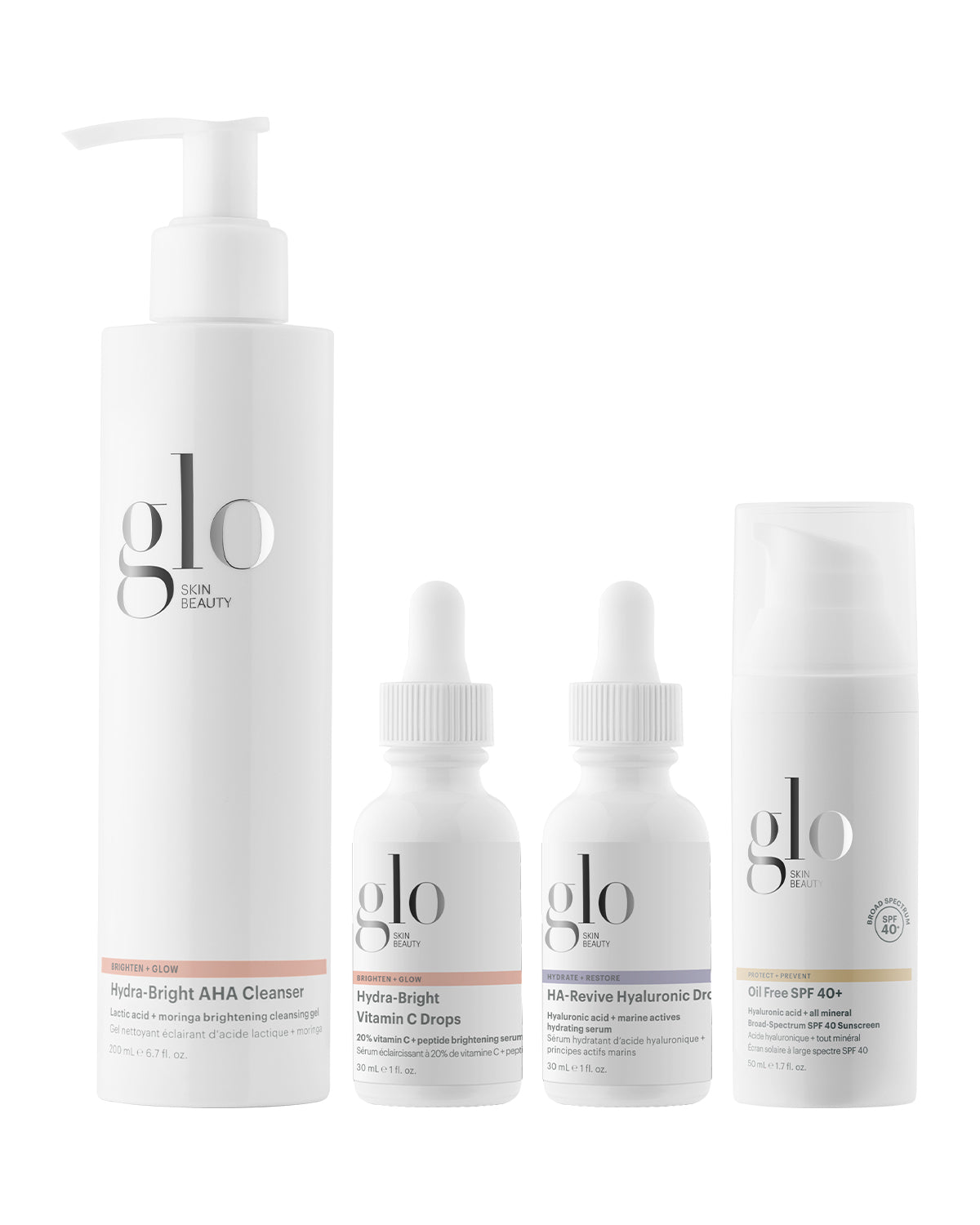 glo Skin Beauty set: Hydra-Bright AHA Cleanser; Hydra-Bright Vitamin C Drops; HA-Revive Hyaluronic Drops; Oil Free SPF 40+
