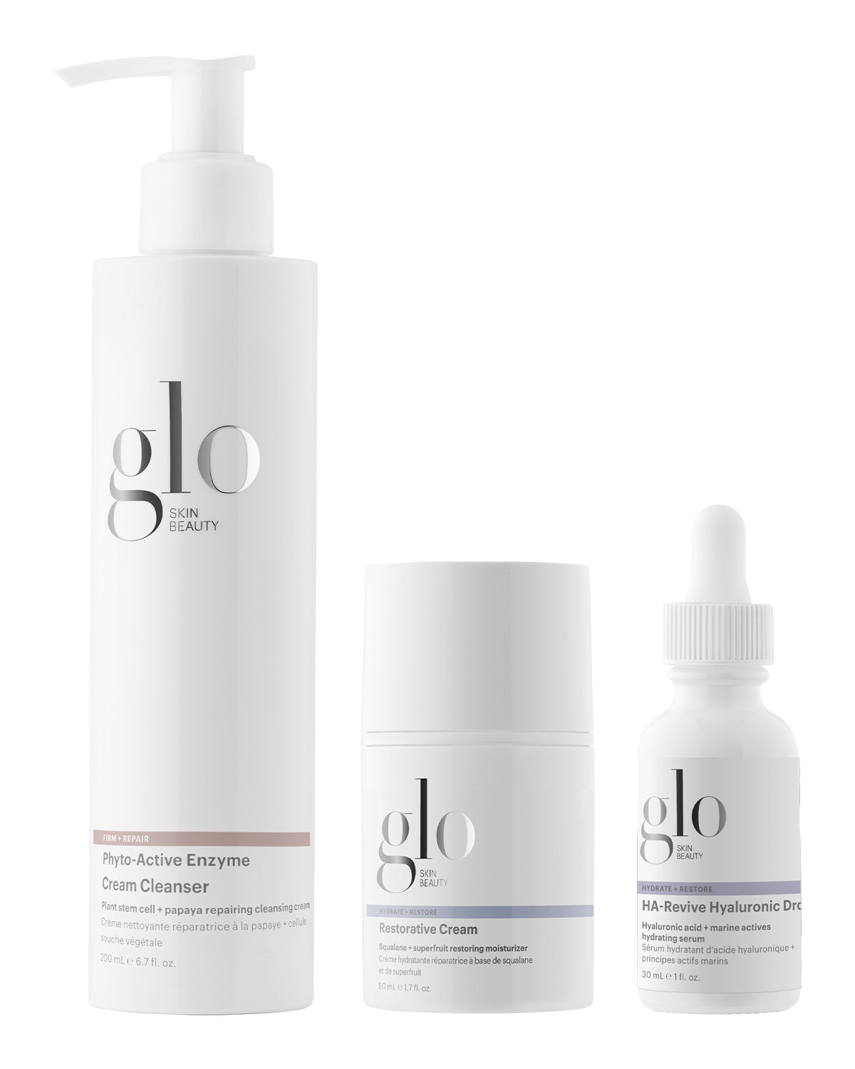 glo SKIN BEAUTY — Phyto-Active Enzyme Cream Cleanser; Restorative Cream; HA-Revive Hyaluronic Drops