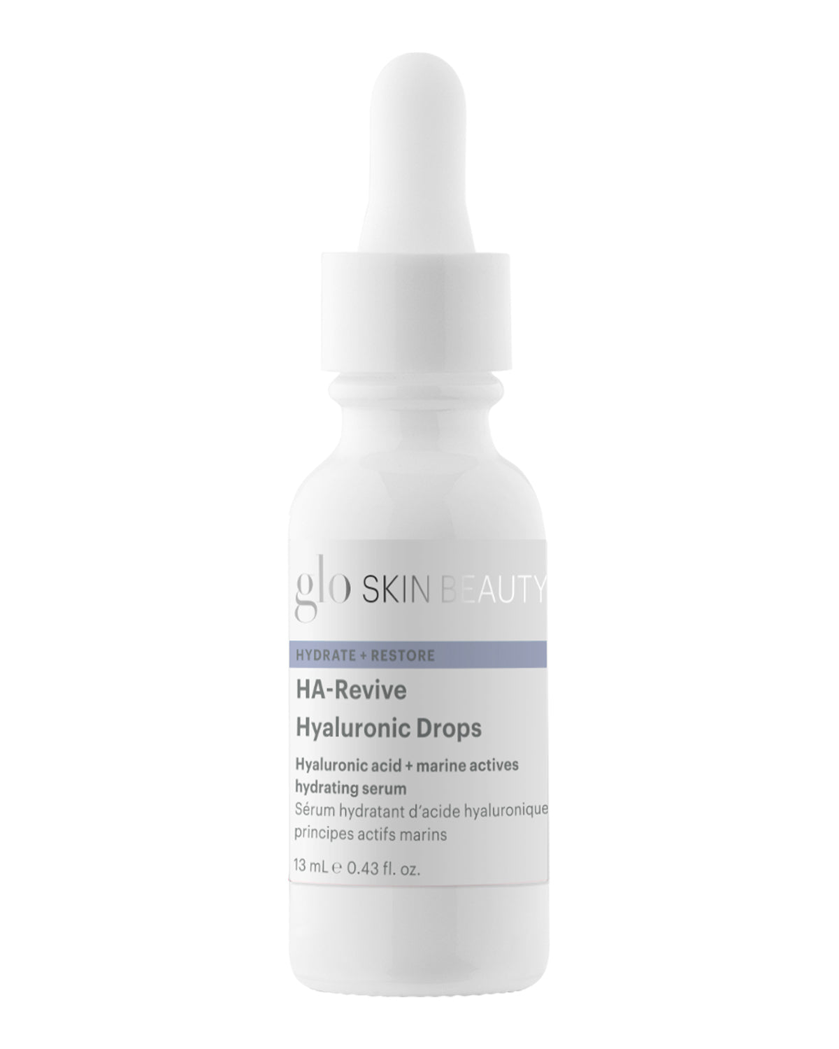 Front view of HA-Revive Hyaluronic Drops travel-size serum showcasing its dropper bottle and 13 mL size on a white background
